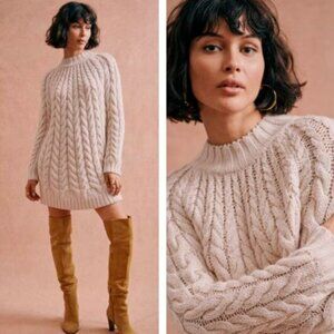 Sezane Drew Cable Knit Sweater Dress Merino Wool Mockneck Tan Cream Women's S